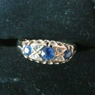 Fine 18k Gold Antique Ring With 3 Sapphires - Hallmarked Size 8.  75