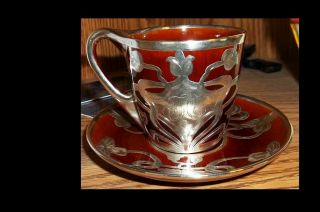 Lenox Art Neuveau Brown Porcelain Demitasse Cup With Mauser Sterling Overlay