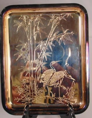 Christofle France French Silverplate Chinoiserie Tray Heron Bamboo