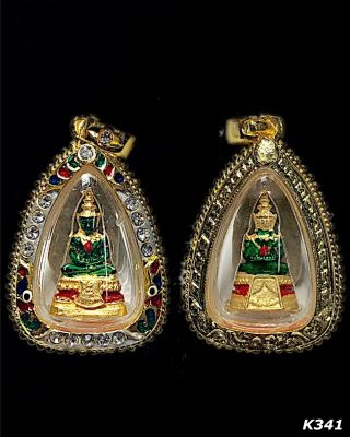 Thai Amulet Phra Emerald Buddha Wat Prakaew Gold Case Gem Pendant Necklace K341
