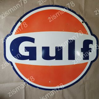 Gulf Die Cut 2 Sided Vintage Porcelain Sign 30 X 27 Inches Round