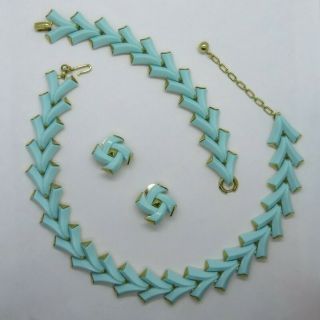 Alfred Philippe Crown Trifari Valencia Aqua Blue Necklace Bracelet Earrings Set