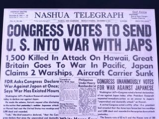 (dec.  8 1941) Newspaper Headline Congress Declares War On Japan
