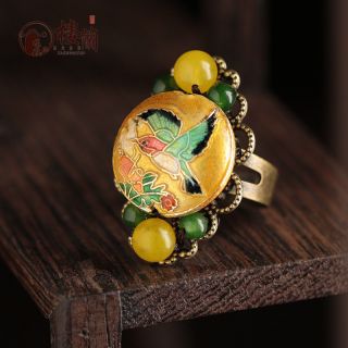Chinese antique Cloisonne YELLOW & BLUE agate jade copper bronze Adjustable ring 3