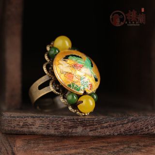 Chinese antique Cloisonne YELLOW & BLUE agate jade copper bronze Adjustable ring 5