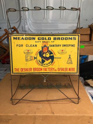 Antique Meadow Gold Brooms Metal Sign Display Broom Holder Advertising 1930s