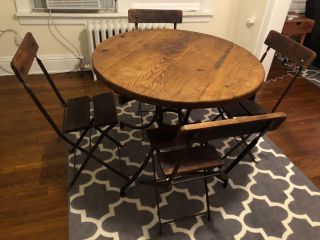 Vintage Antique French Wood And Metal Bistro Table Cast Iron Art Deco