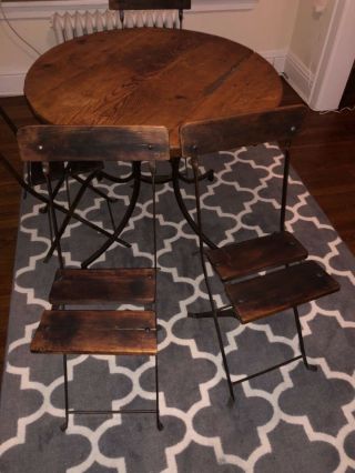 Vintage Antique French Wood And Metal Bistro Table Cast Iron Art Deco 7