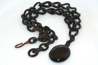 Victorian Mourning Picture Locket Chain Carved Link Brown Model Shell Necklace