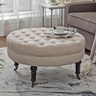 Simhoo Large Tufted Lined Ottoman Coffee Table With Casters,  Round Footstool