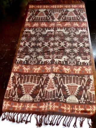 Antique Warp Ikat Hinggi From Sumba,  Indonesia.  Animal,  Human Motifs 94 " Lx40 " W