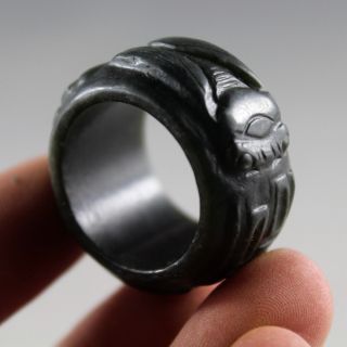 Chinese Hand - Carved Cicada Old Green Jade Thumb Ring,  Jade Banzhi 0015