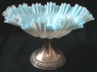 Blue Satin Silk Ruffled&scalloped Glass Bride Basket Bowl Nickle Silver Pedestal