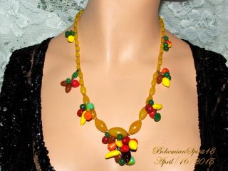 Antique Art Deco Bohemian Czech Canary Yellow Glass Fruit Beads Strand Necklace