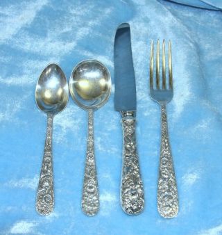 Knife Frk Spoon S Kirk & Son Repousse 4pc Place Setting Sterling Silver Flatware
