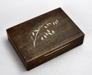 Modernist Artisan Rectangular Wood Box W/ Sterling Silver Floral Spray Inlay