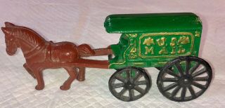 Cast Iron Horse Drawn Us Mail Green Wagon Toy Vintage 1960’s Or 1970’s