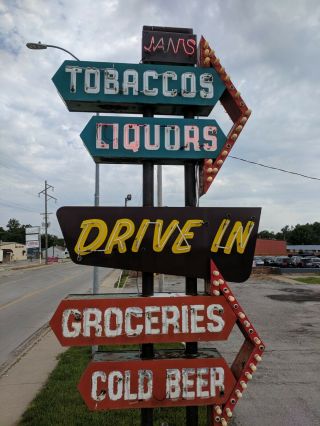 vintage neon custom sign tobacco,  liquors,  groceries,  cold beer,  drive in 7
