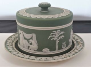 Rare Antique 19th Cent.  Sage Green Jasperware Wedgwood Cheese/ Butter Dome