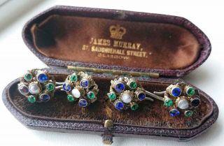 Rare Georgian Silver Gilt Paste Foil Back Emerald Sapphire Cufflinks Hallmarked