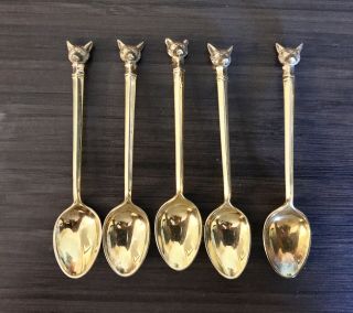 Set Of 5 Sterling Silver Demitasse Spoons Figural Fox Hunting Gold Washed Engl.