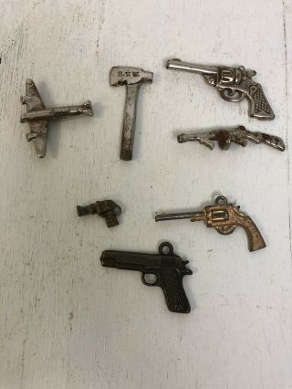 6 Vintage Metal Miniature Guns Charms 1 1/2 - 2 " Tommy,  Pistols Revolver Etc
