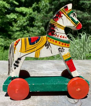 Antique Horse Pull Toy Wooden Painted 6.  5 " Long 7/25 " Tall Bright Colorful