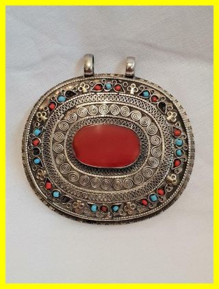 Very Large Islamic Silver Carnelian Pendant C.  1920,  Inset With Beads And Gold.