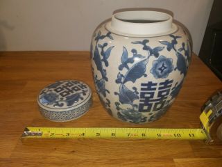 Antique Chinese Blue & White Porcelain Happiness Ginger Jar & Stand