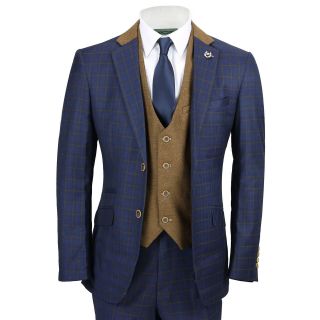 Mens 3 Piece Suit Vintage Windowpane Check Navy Blue Smart Tailored Fit Uk Size