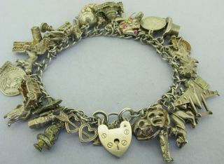 Heavy Vintage Solid Sterling Silver Charm Bracelet With 33 Charms 90 Grams 1960s