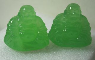 Set Of 2 Vintage Green Jade Glass Buddha Figurines China Export