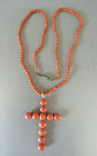 Antique Victorian Coral Bead Necklace With Coral Cross Pendant