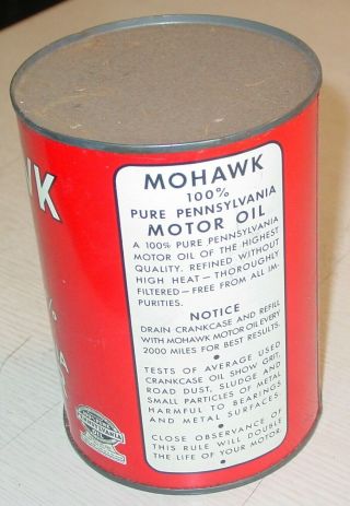 VINTAGE 1 QUART MOHAWK 100 PURE PENNSYLVANIA MOTOR OIL CAN 5