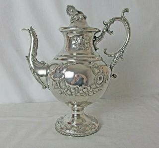 Early 1860’s Silver Plated Teapot/ Coffee Pot Flower Finial Striking Design