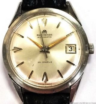 Vintage Bucherer 91564 Automatic Swiss 25 Jewel Stainless Steel Mens Date Watch