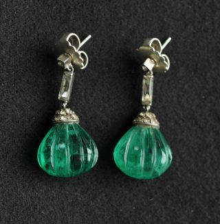 Stunning 1930s Carved Green Agate And Paste Earrings