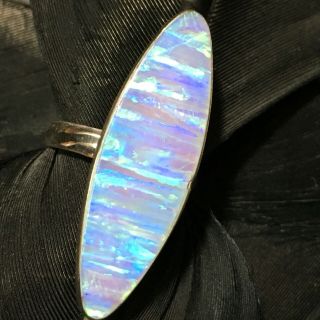 LARGE ESTATE STERLING SILVER LONG OVAL BLUE LAB OPAL RING SIZE 6 4