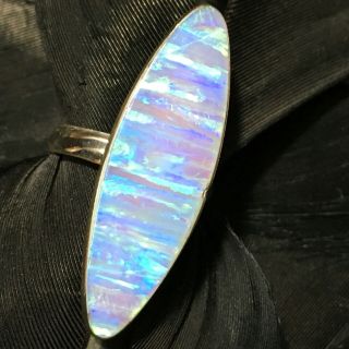 LARGE ESTATE STERLING SILVER LONG OVAL BLUE LAB OPAL RING SIZE 6 5