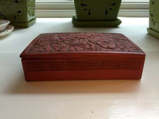 Cinnabar Vintage Red Chinese Floral Carved Trinket Box Lacquer Interior Lift Top