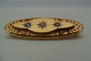 Attractive Fine Victorian 15ct Solid Gold Sapphire & Diamond Set Plaque Brooch