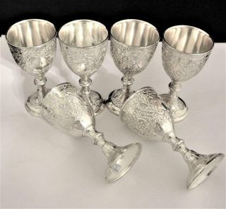 6 VINTAGE CORBEL & CO.  SILVER PLATE FIGURAL GRAPE AND FLOWER CORDIAL GOBLETS 6