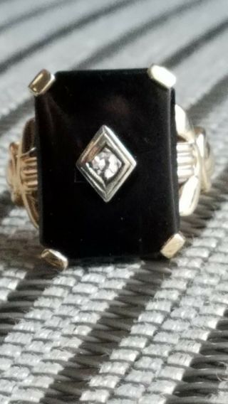 Vintage Antique 14kt Yellow Gold Square Black Onyx Ring Round Diamond Accent 7gr