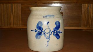 Antique 19th Century Stoneware Crock Cobalt Blue Cortland Double Flower Rare