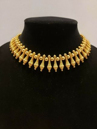 Vintage Crown Trifari Egyptian Cleopatra Dangle Statement Necklace Gold Tone