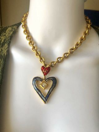 Christian Lacroix Vintage Necklace Gold Tone Heart Shape Red Blue Enamel 90s