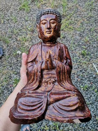 Estate Old Chinese Gold Gilt Lacquer Pottery Carved Buddha Asian China