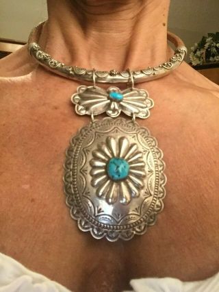 Vintage Navajo Western Sterling Silver Turquoise Concho And Leather Necklace