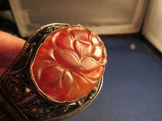 Vintage Sterling Silver Carved Amber? Cinnabar? Filigree Rare Link Bracelet