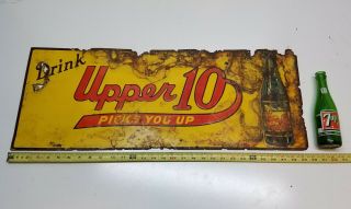 Embossed Metal Sign Upper 10 Vintage Tin Litho Soda Bottle Antique Advertising